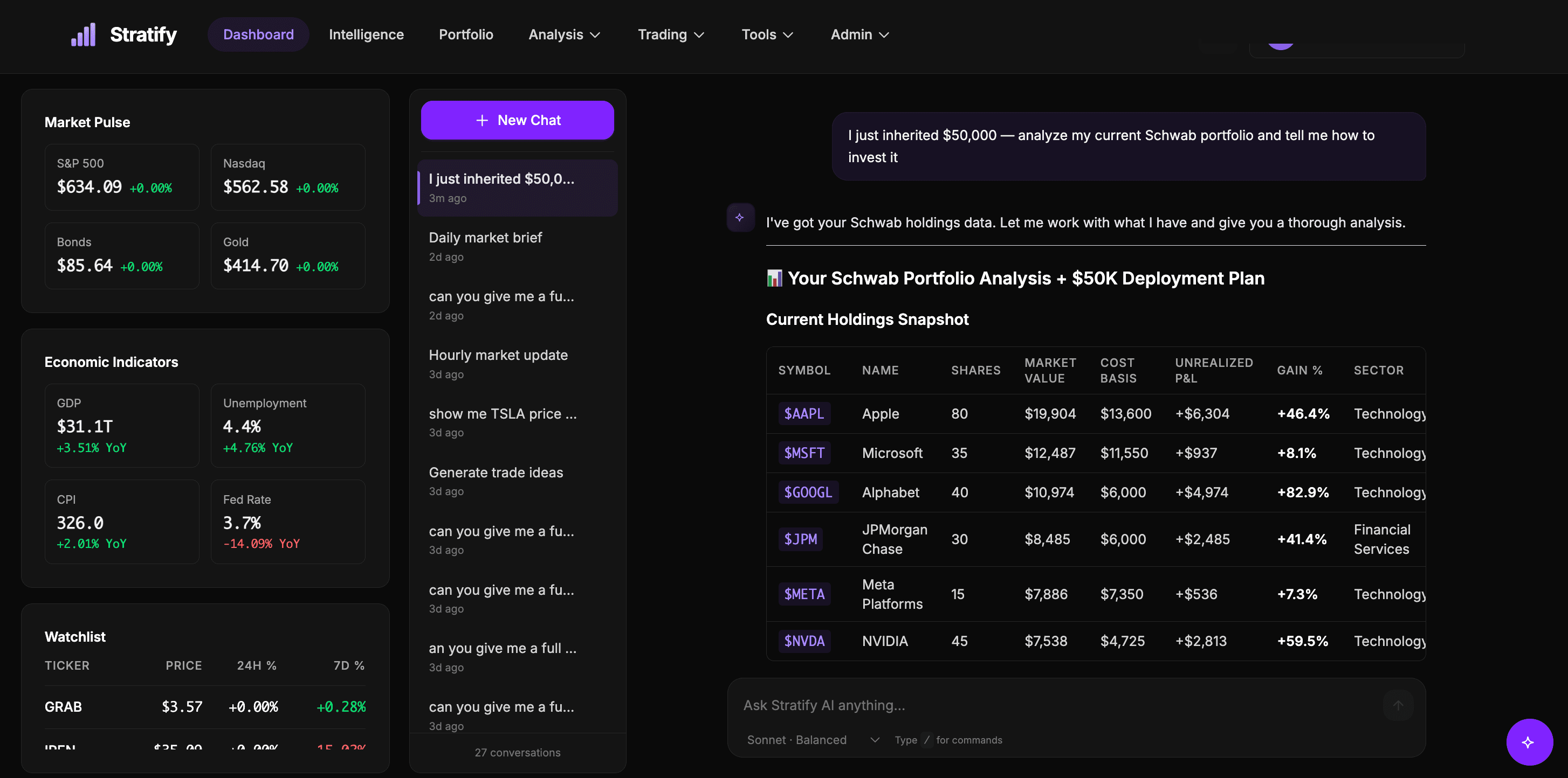 Stratify dashboard showing AI-powered portfolio analysis with real brokerage data